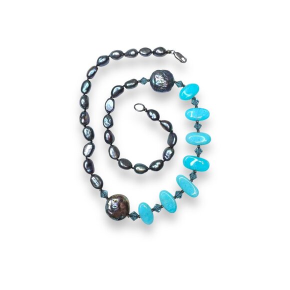 Sterling Silver Freshwater Pearl Crystal Stone Necklace 17" - Picture 3 of 5